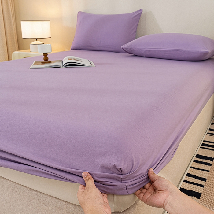 91家纺网 家纺一手货源 找家纺 桔禾家纺 2025新款水洗皱皱云感棉纯色床笠 富贵紫