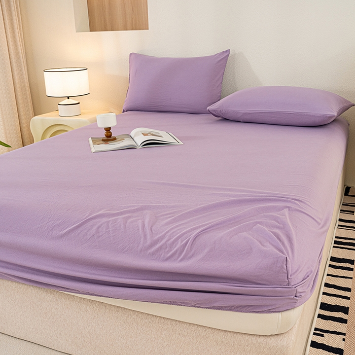 91家纺网 家纺一手货源 找家纺 桔禾家纺 2025新款水洗皱皱云感棉纯色床笠 富贵紫