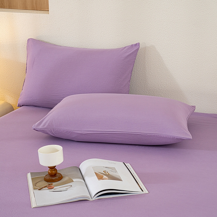 91家纺网 家纺一手货源 找家纺 桔禾家纺 2025新款水洗皱皱云感棉纯色床笠 富贵紫