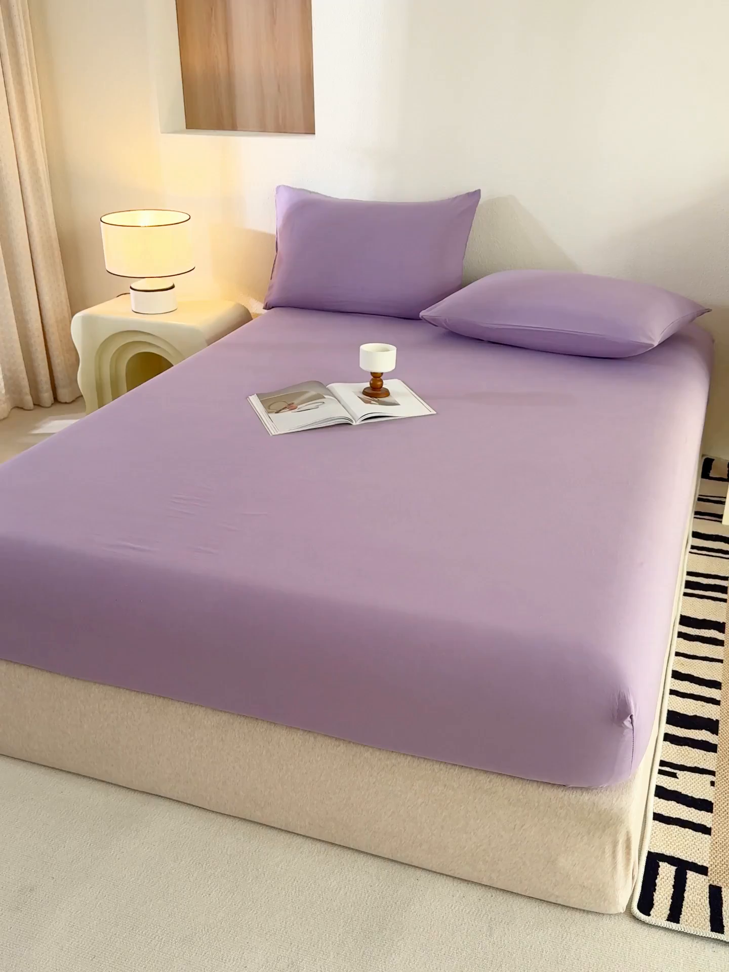 91家纺网 家纺一手货源 找家纺 桔禾家纺 2025新款水洗皱皱云感棉纯色床笠 富贵紫