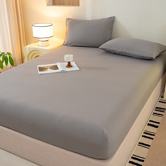 91家纺网 家纺一手货源 找家纺 桔禾家纺 2025新款水洗皱皱云感棉纯色床笠 高级灰