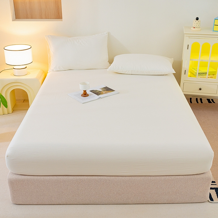 91家纺网 家纺一手货源 找家纺 桔禾家纺 2025新款水洗皱皱云感棉纯色床笠 奶油白