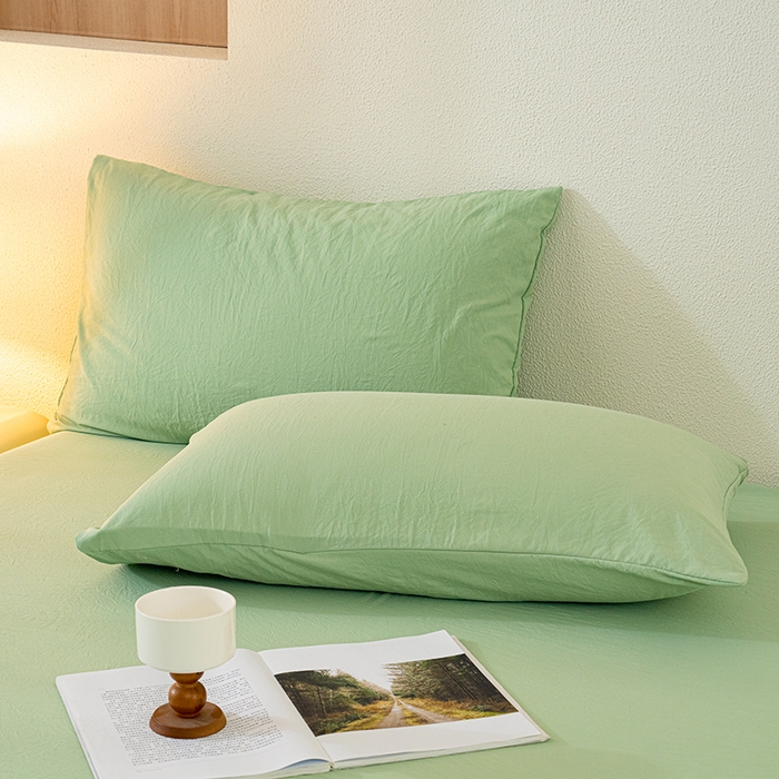 91家纺网 家纺一手货源 找家纺 桔禾家纺 2025新款水洗皱皱云感棉纯色床笠 苹果绿