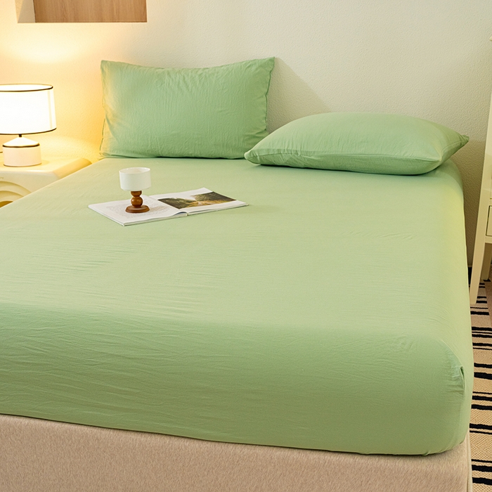 91家纺网 家纺一手货源 找家纺 桔禾家纺 2025新款水洗皱皱云感棉纯色床笠 苹果绿