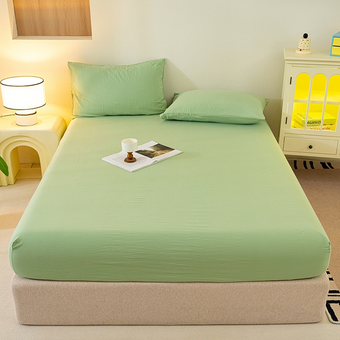 91家纺网 家纺一手货源 找家纺 桔禾家纺 2025新款水洗皱皱云感棉纯色床笠 苹果绿