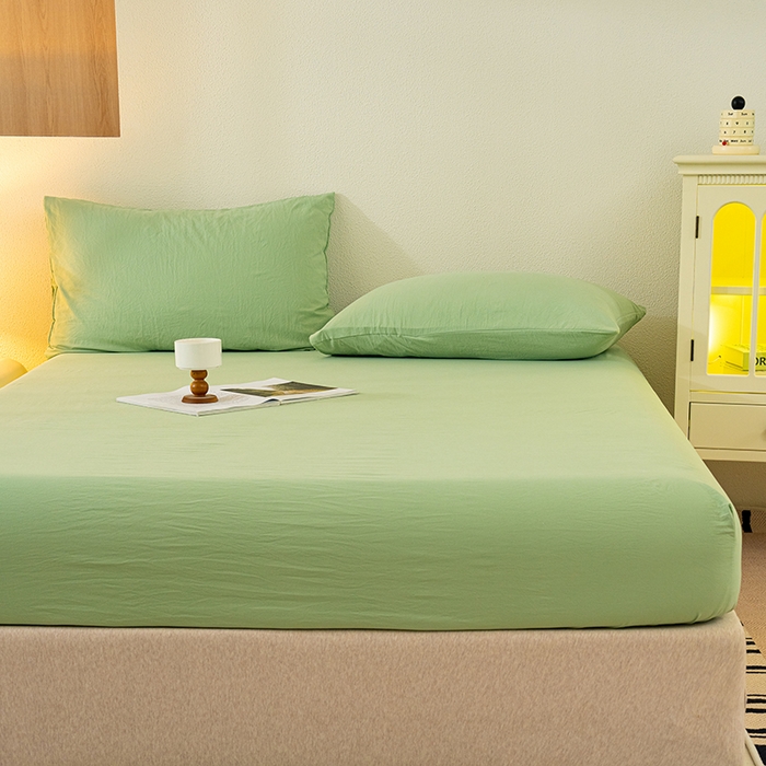 91家纺网 家纺一手货源 找家纺 桔禾家纺 2025新款水洗皱皱云感棉纯色床笠 苹果绿