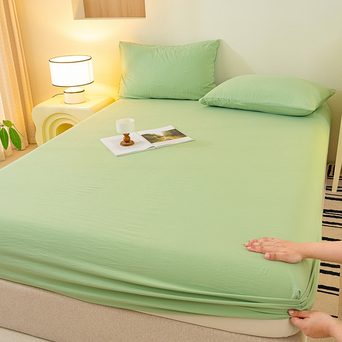 91家纺网 家纺一手货源 找家纺 桔禾家纺 2025新款水洗皱皱云感棉纯色床笠 苹果绿