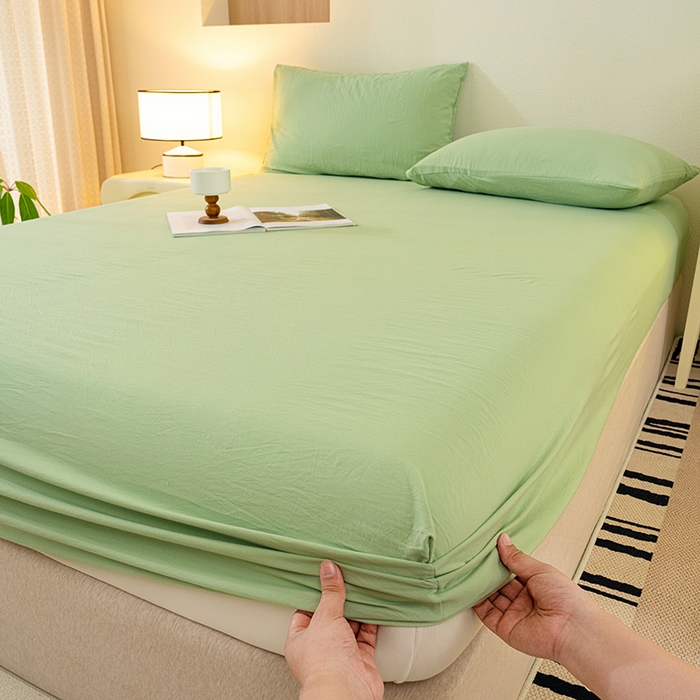 91家纺网 家纺一手货源 找家纺 桔禾家纺 2025新款水洗皱皱云感棉纯色床笠 苹果绿