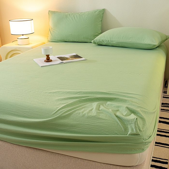 91家纺网 家纺一手货源 找家纺 桔禾家纺 2025新款水洗皱皱云感棉纯色床笠 苹果绿