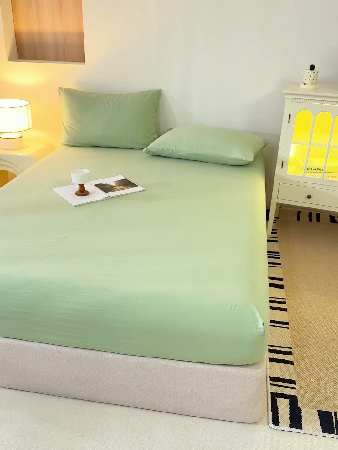 91家纺网 家纺一手货源 找家纺 桔禾家纺 2025新款水洗皱皱云感棉纯色床笠 苹果绿