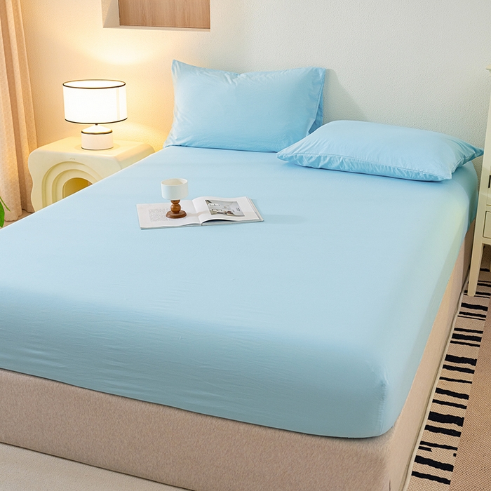 91家纺网 家纺一手货源 找家纺 桔禾家纺 2025新款水洗皱皱云感棉纯色床笠 晴空蓝