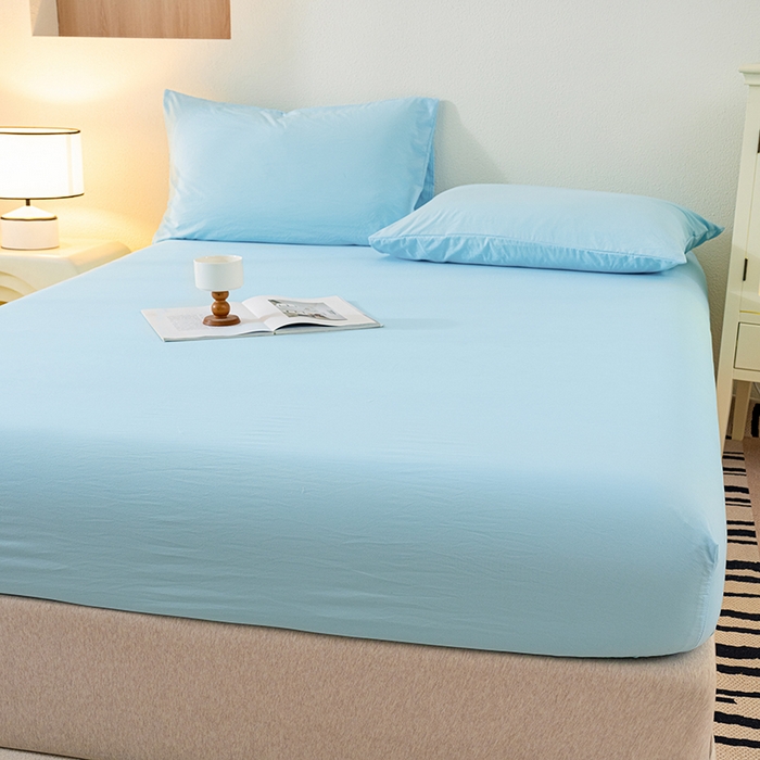 91家纺网 家纺一手货源 找家纺 桔禾家纺 2025新款水洗皱皱云感棉纯色床笠 晴空蓝