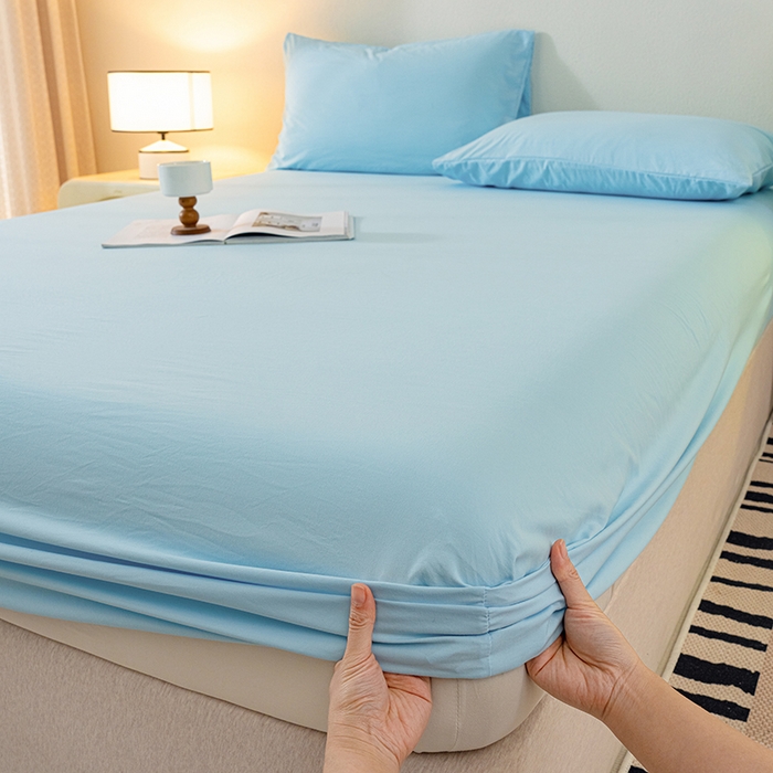 91家纺网 家纺一手货源 找家纺 桔禾家纺 2025新款水洗皱皱云感棉纯色床笠 晴空蓝