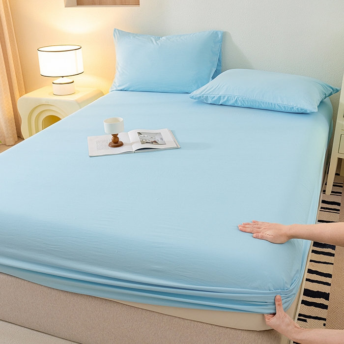 91家纺网 家纺一手货源 找家纺 桔禾家纺 2025新款水洗皱皱云感棉纯色床笠 晴空蓝