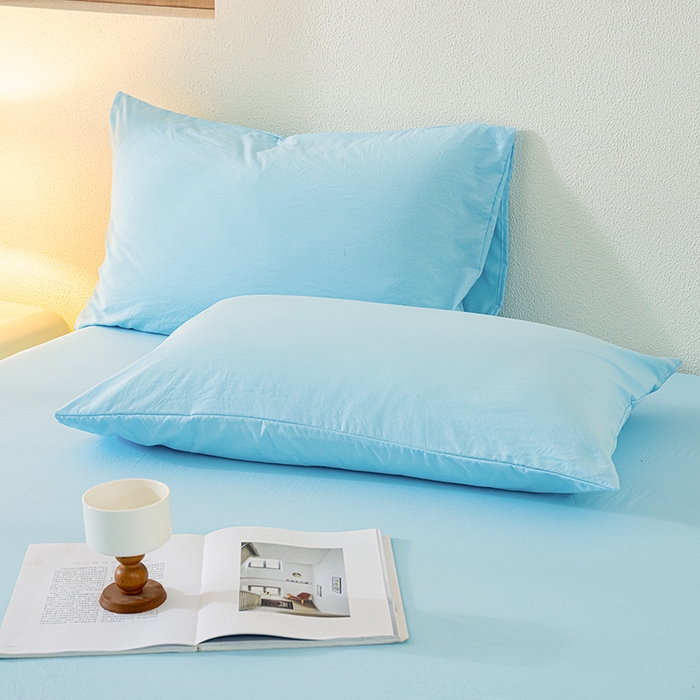 91家纺网 家纺一手货源 找家纺 桔禾家纺 2025新款水洗皱皱云感棉纯色床笠 晴空蓝