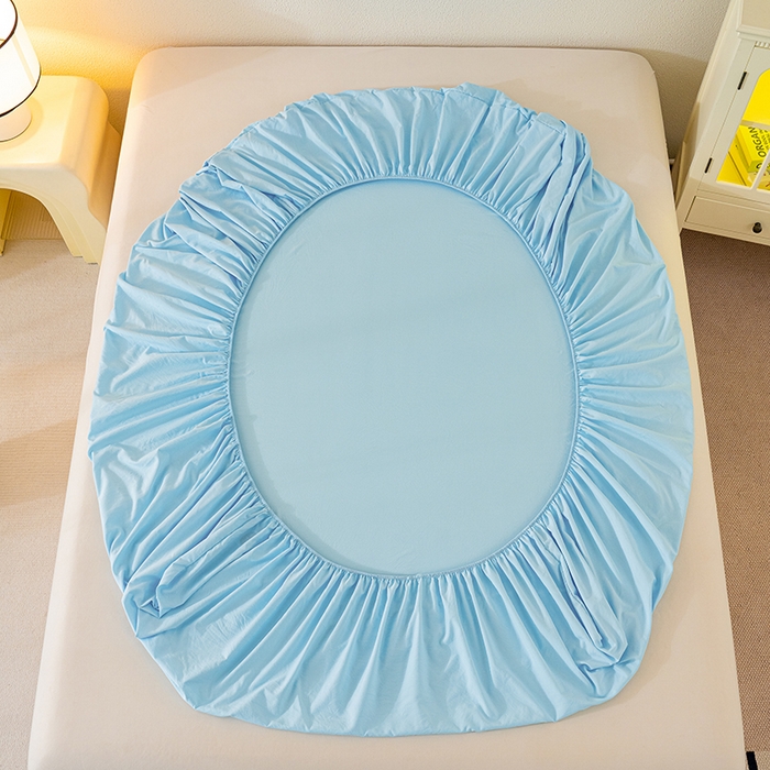 91家纺网 家纺一手货源 找家纺 桔禾家纺 2025新款水洗皱皱云感棉纯色床笠 晴空蓝