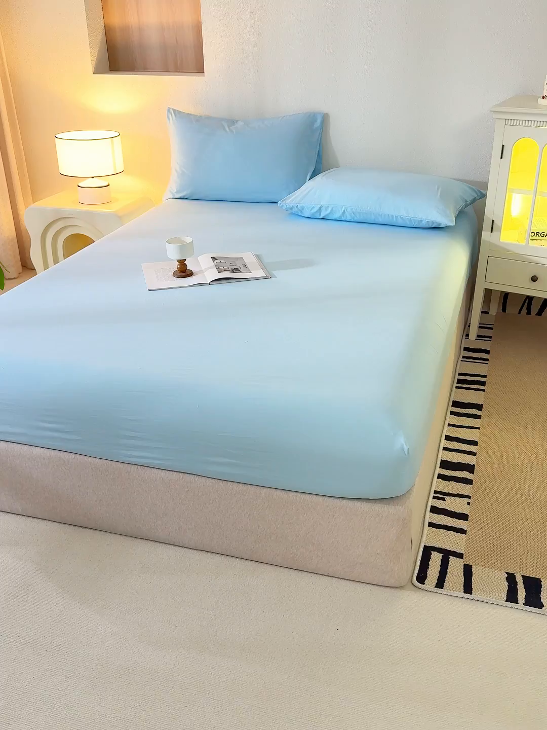 91家纺网 家纺一手货源 找家纺 桔禾家纺 2025新款水洗皱皱云感棉纯色床笠 晴空蓝