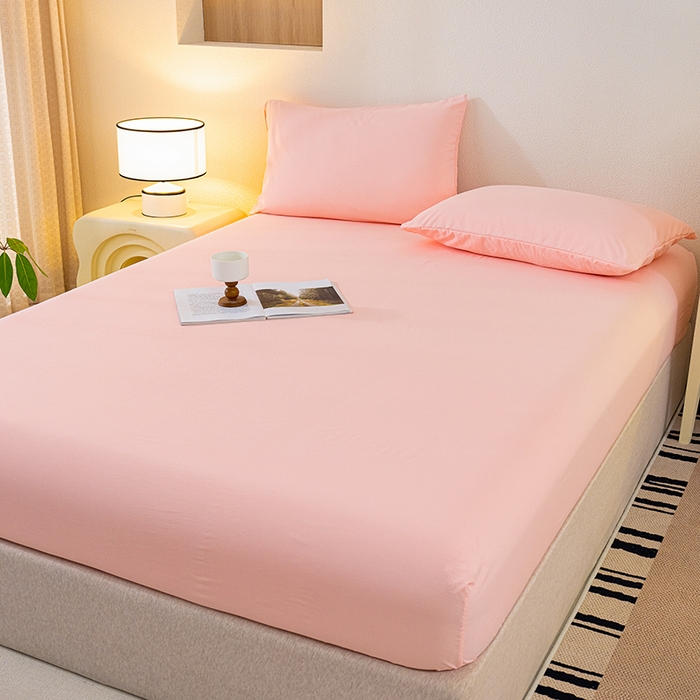 91家纺网 家纺一手货源 找家纺 桔禾家纺 2025新款水洗皱皱云感棉纯色床笠 樱花粉