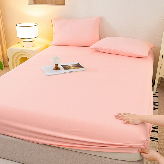 91家纺网 家纺一手货源 找家纺 桔禾家纺 2025新款水洗皱皱云感棉纯色床笠 樱花粉