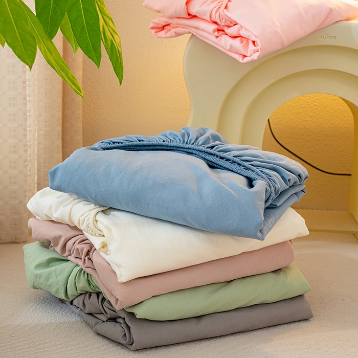 91家纺网 家纺一手货源 找家纺 桔禾家纺 2025新款水洗皱皱云感棉纯色床笠 组合