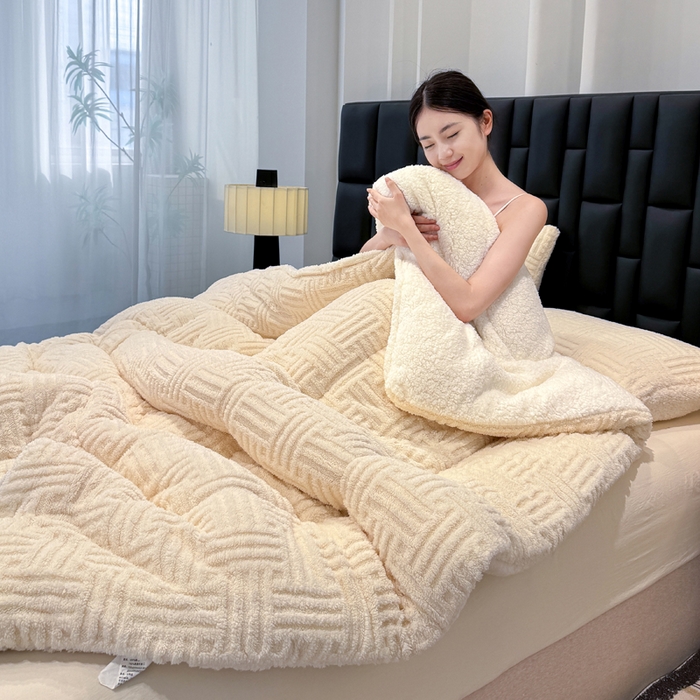 91家纺网 家纺一手货源 找家纺 默忆 2025新款塔芙绒提花冬被被子被芯 米白色