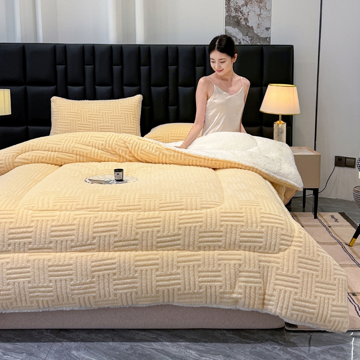 91家纺网 家纺一手货源 找家纺 默忆 2025新款塔芙绒提花冬被被子被芯 米黄色