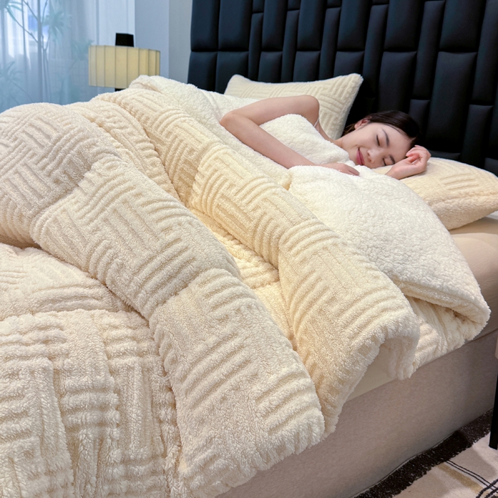 91家纺网 家纺一手货源 找家纺 默忆 2025新款塔芙绒提花冬被被子被芯 米白色