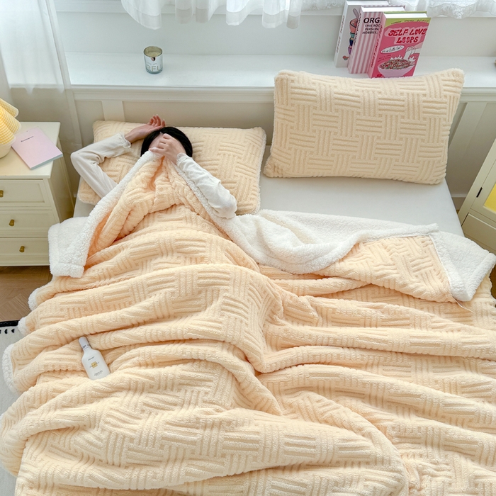 91家纺网 家纺一手货源 找家纺 默忆 2025新款塔芙绒提花毛毯 米黄色