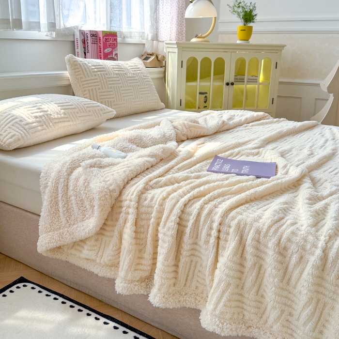 91家纺网 家纺一手货源 找家纺 默忆 2025新款塔芙绒提花毛毯 米白色