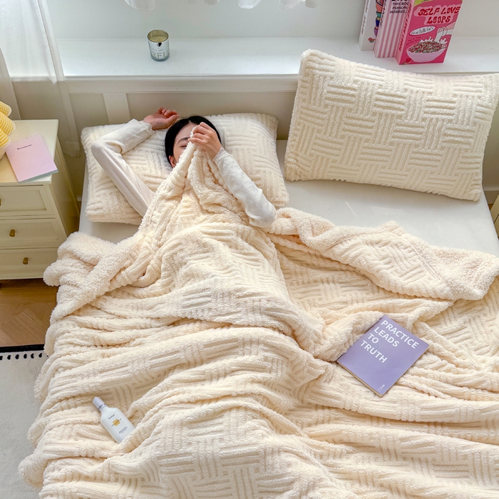 91家纺网 家纺一手货源 找家纺 默忆 2025新款塔芙绒提花毛毯 米白色