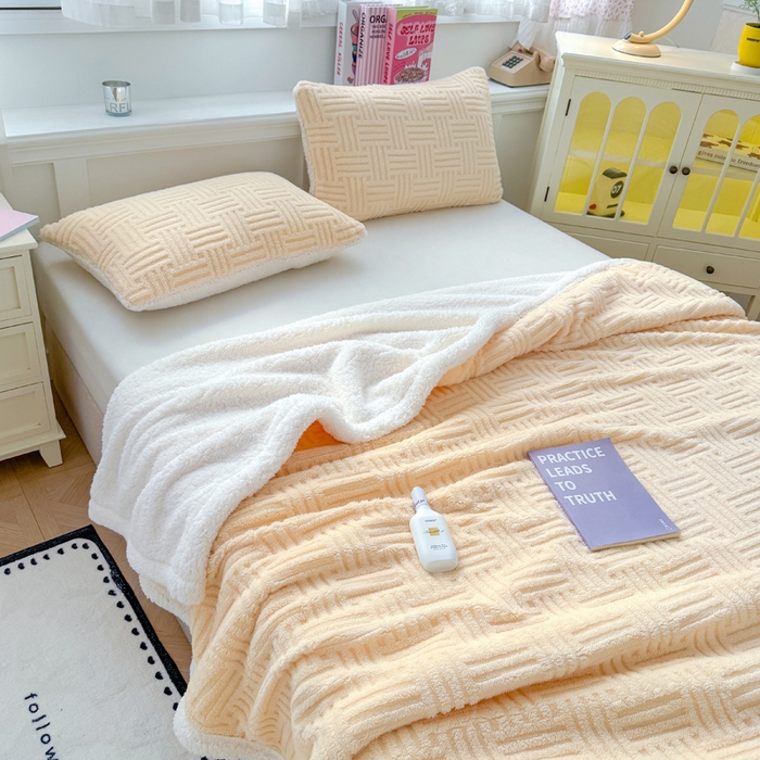 91家纺网 家纺一手货源 找家纺 默忆 2025新款塔芙绒提花毛毯 米黄色