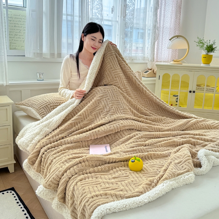 91家纺网 家纺一手货源 找家纺 默忆 2025新款塔芙绒提花毛毯 深卡其