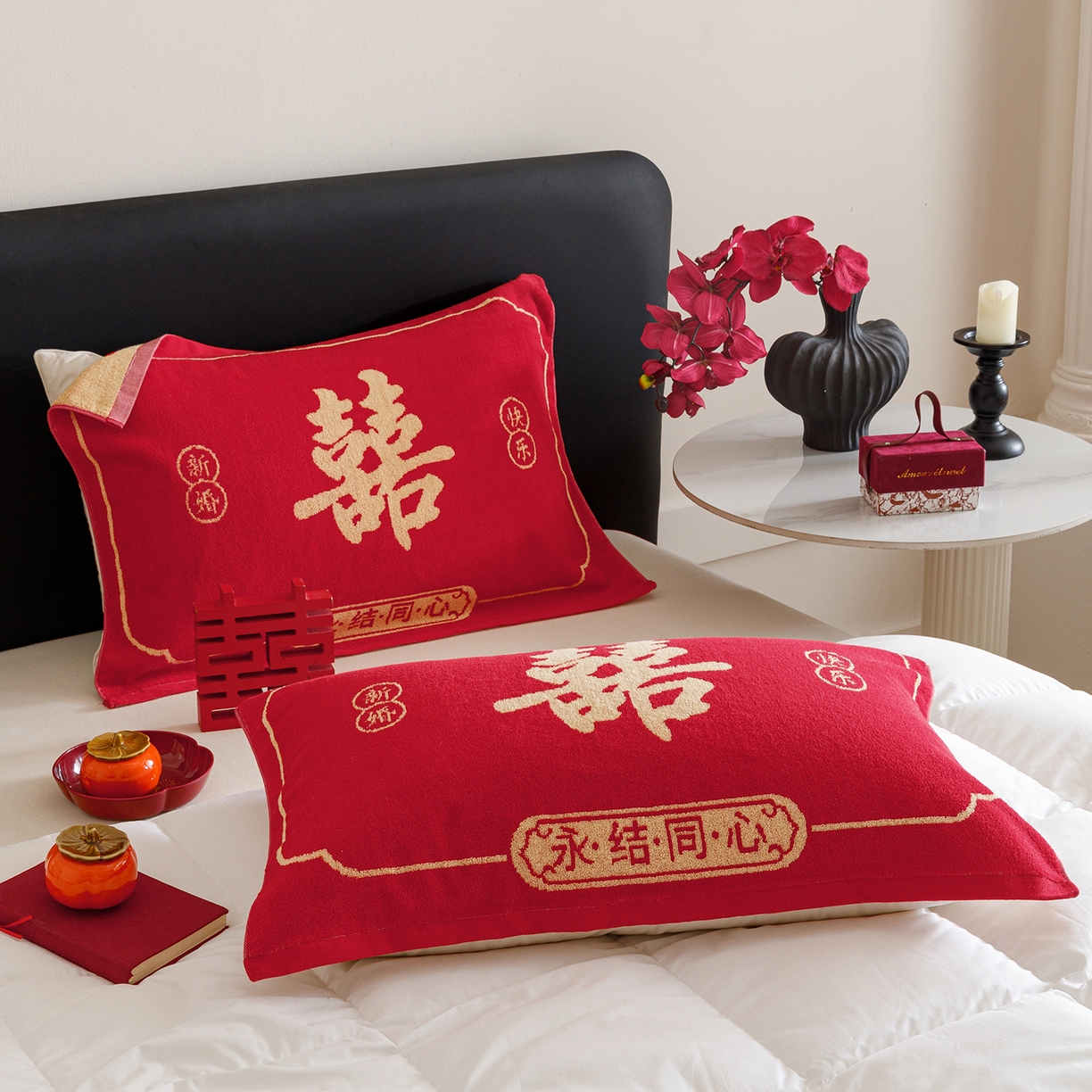 91家纺网 家纺一手货源 找家纺 爱港家纺 2025专版新款老式全棉大红枕巾结婚枕巾喜庆百福枕巾 永结同心