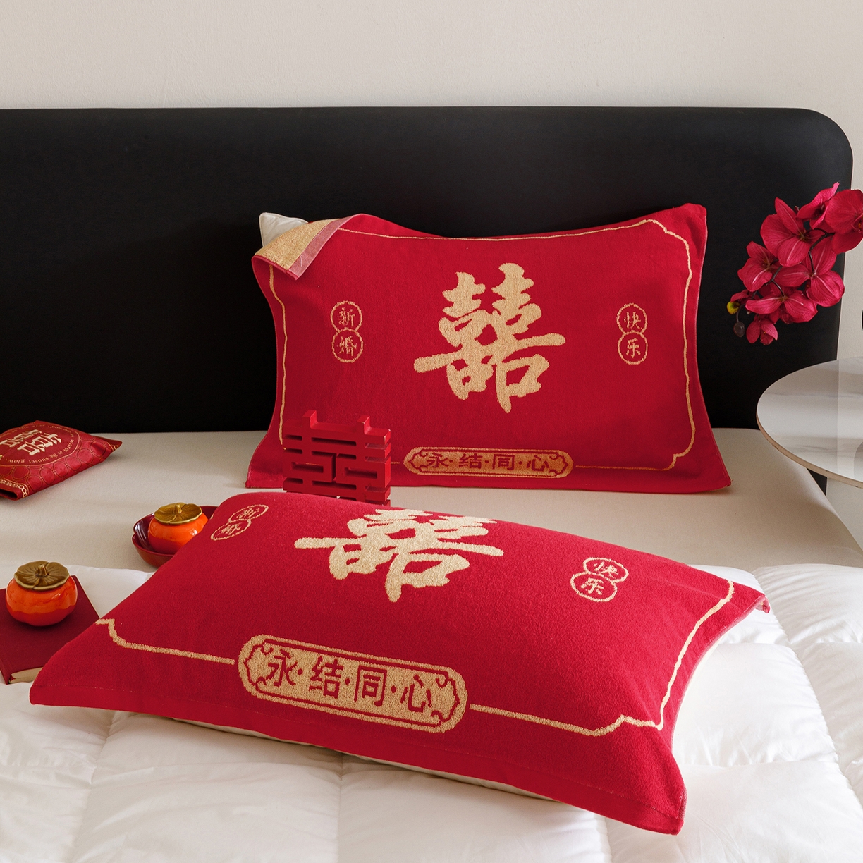 91家纺网 家纺一手货源 找家纺 爱港家纺 2025专版新款老式全棉大红枕巾结婚枕巾喜庆百福枕巾 永结同心