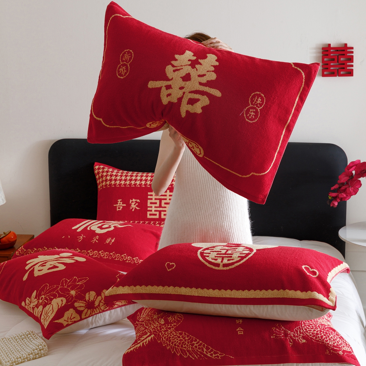 91家纺网 家纺一手货源 找家纺 爱港家纺 2025专版新款老式全棉大红枕巾结婚枕巾喜庆百福枕巾 组合