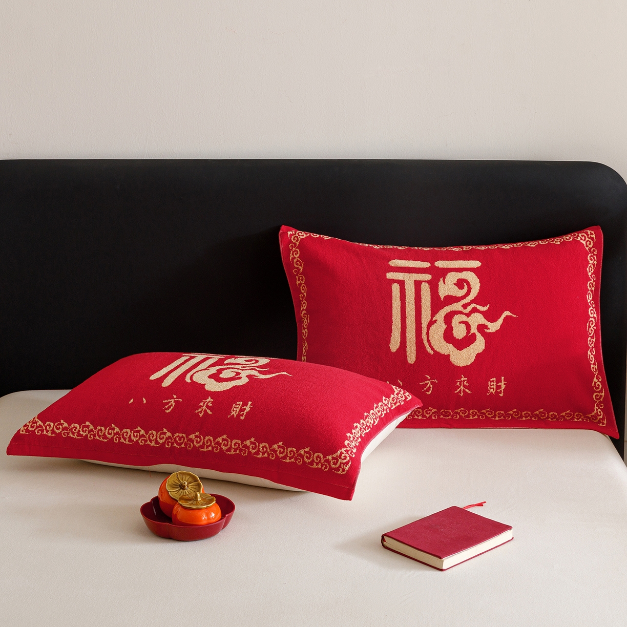 91家纺网 家纺一手货源 找家纺 爱港家纺 2025专版新款老式全棉大红枕巾结婚枕巾喜庆百福枕巾 八方来财