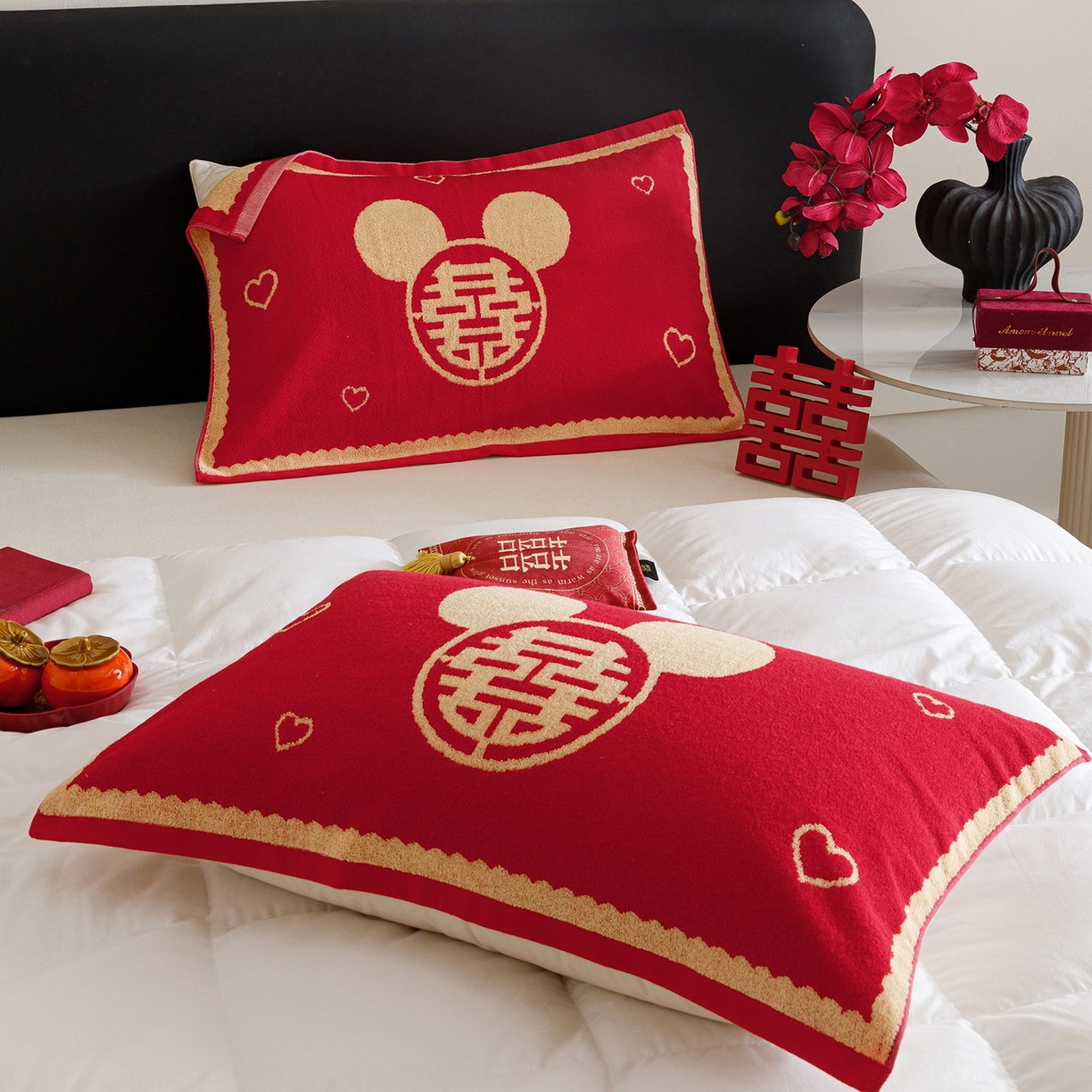 91家纺网 家纺一手货源 找家纺 爱港家纺 2025专版新款老式全棉大红枕巾结婚枕巾喜庆百福枕巾 童话喜韵