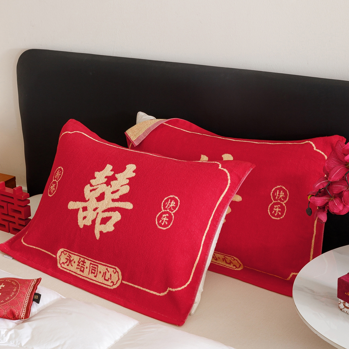 91家纺网 家纺一手货源 找家纺 爱港家纺 2025专版新款老式全棉大红枕巾结婚枕巾喜庆百福枕巾 永结同心
