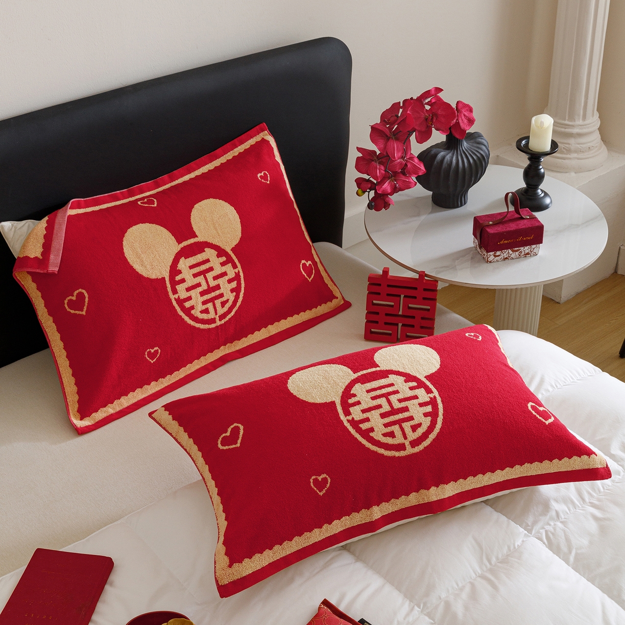 91家纺网 家纺一手货源 找家纺 爱港家纺 2025专版新款老式全棉大红枕巾结婚枕巾喜庆百福枕巾 童话喜韵