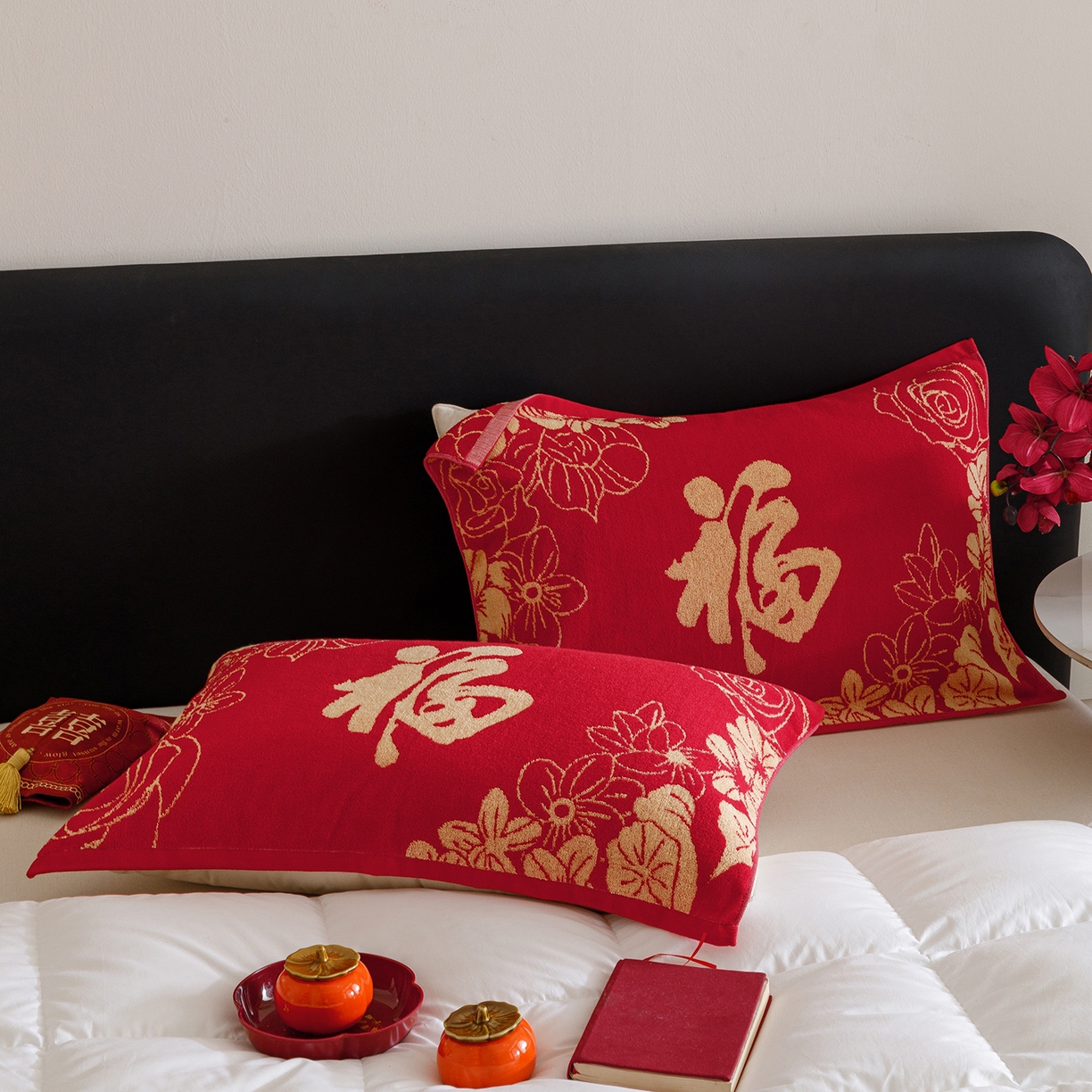 91家纺网 家纺一手货源 找家纺 爱港家纺 2025专版新款老式全棉大红枕巾结婚枕巾喜庆百福枕巾 锦绣花福