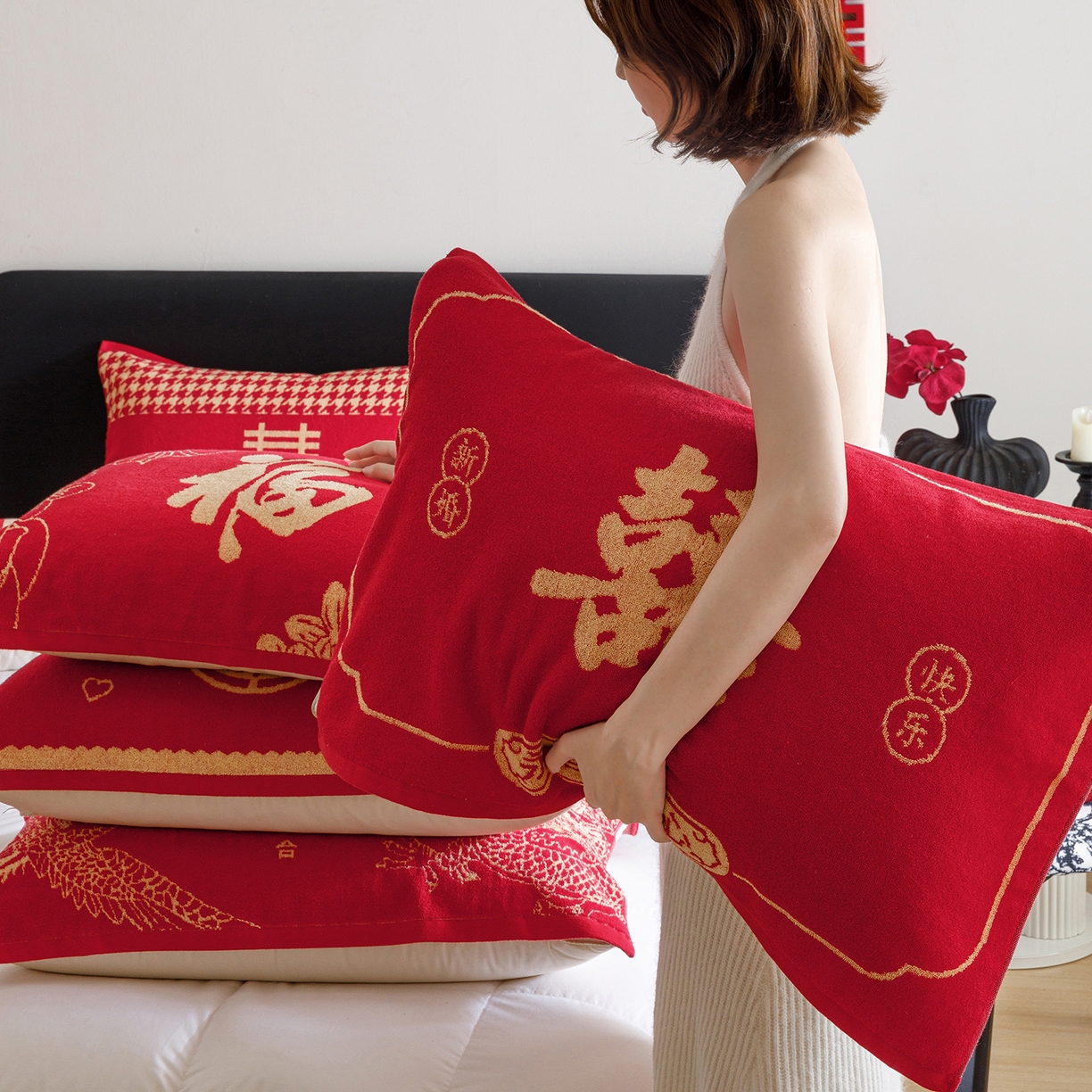 91家纺网 家纺一手货源 找家纺 爱港家纺 2025专版新款老式全棉大红枕巾结婚枕巾喜庆百福枕巾 组合