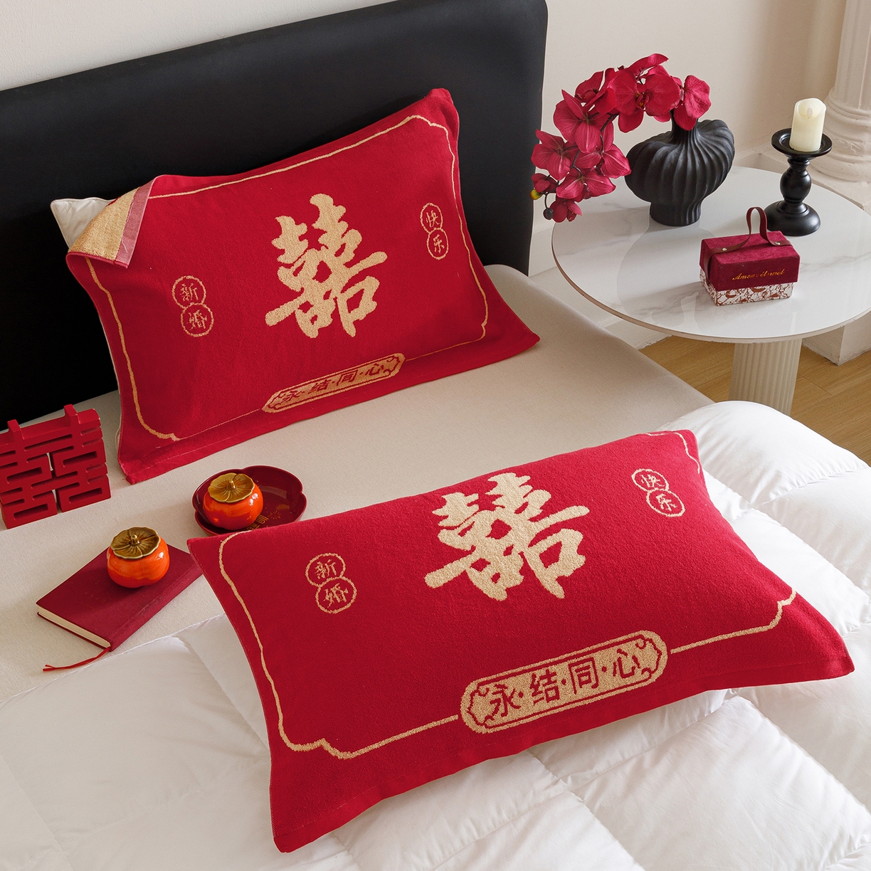 91家纺网 家纺一手货源 找家纺 爱港家纺 2025专版新款老式全棉大红枕巾结婚枕巾喜庆百福枕巾 永结同心
