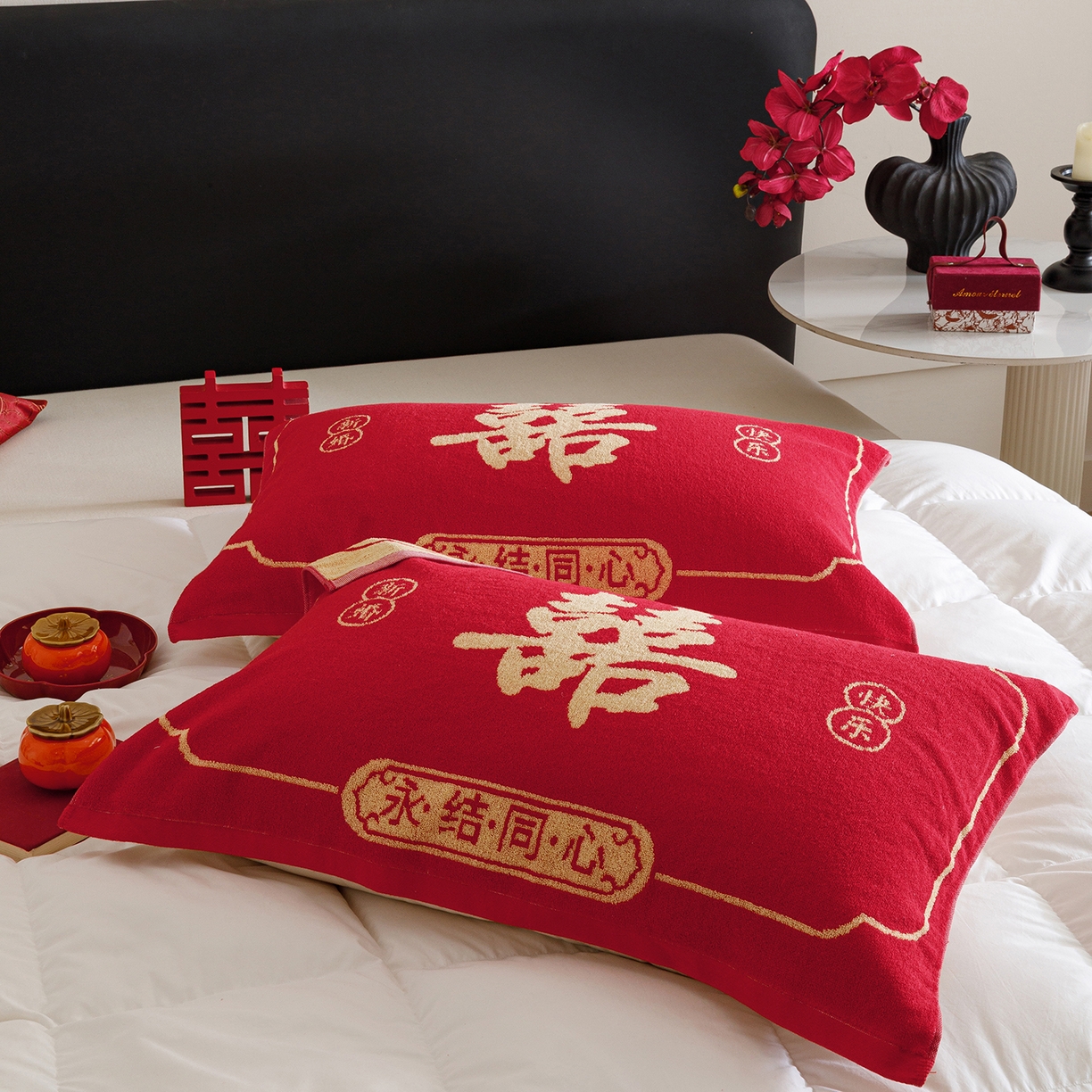 91家纺网 家纺一手货源 找家纺 爱港家纺 2025专版新款老式全棉大红枕巾结婚枕巾喜庆百福枕巾 永结同心