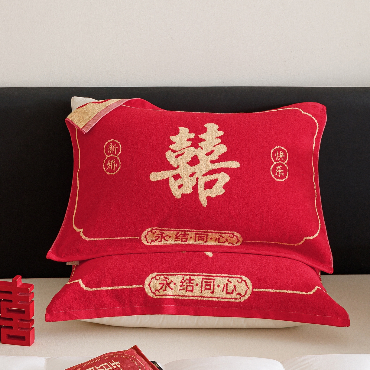 91家纺网 家纺一手货源 找家纺 爱港家纺 2025专版新款老式全棉大红枕巾结婚枕巾喜庆百福枕巾 永结同心