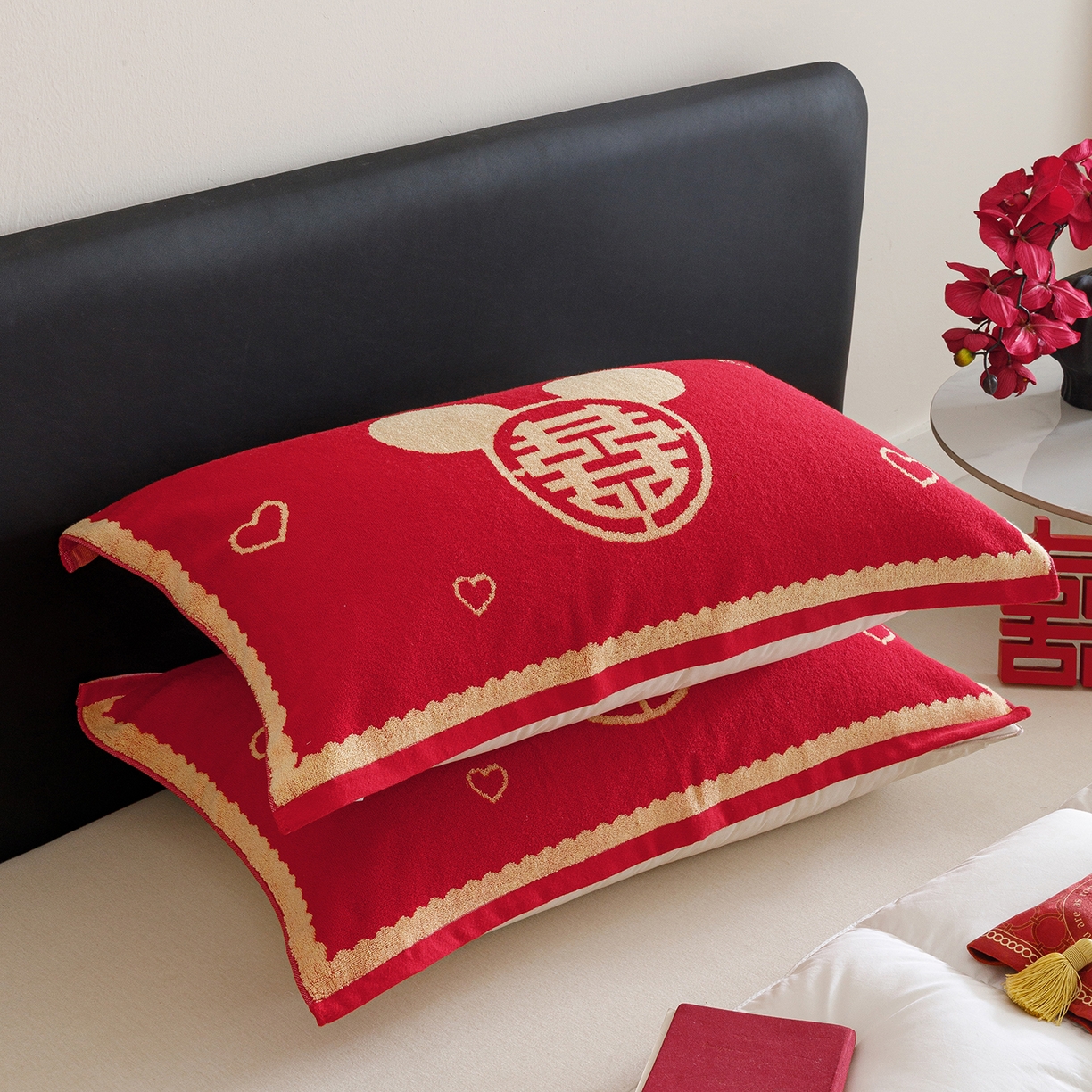 91家纺网 家纺一手货源 找家纺 爱港家纺 2025专版新款老式全棉大红枕巾结婚枕巾喜庆百福枕巾 童话喜韵