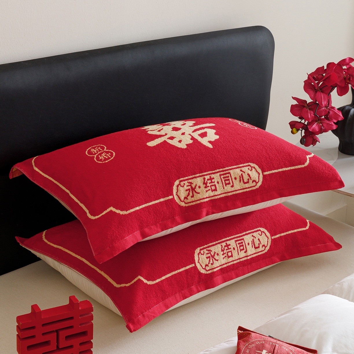91家纺网 家纺一手货源 找家纺 爱港家纺 2025专版新款老式全棉大红枕巾结婚枕巾喜庆百福枕巾 永结同心