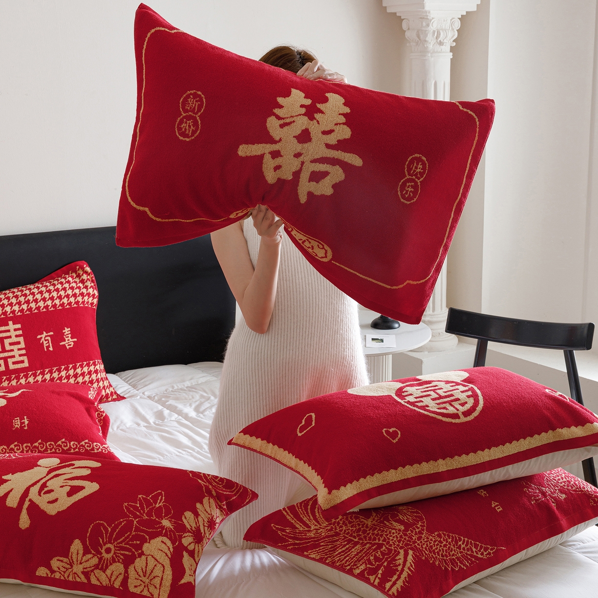 91家纺网 家纺一手货源 找家纺 爱港家纺 2025专版新款老式全棉大红枕巾结婚枕巾喜庆百福枕巾 组合