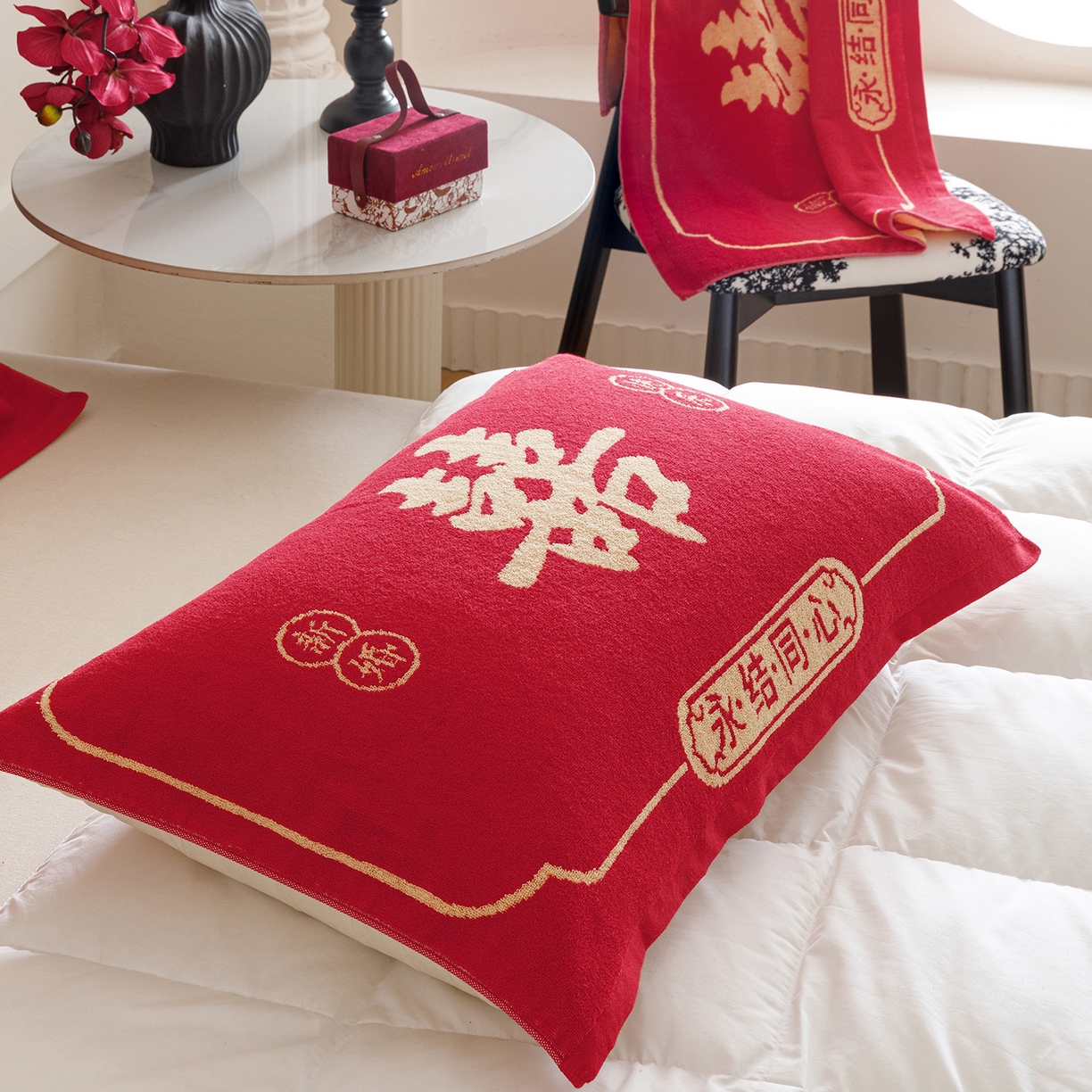91家纺网 家纺一手货源 找家纺 爱港家纺 2025专版新款老式全棉大红枕巾结婚枕巾喜庆百福枕巾 永结同心