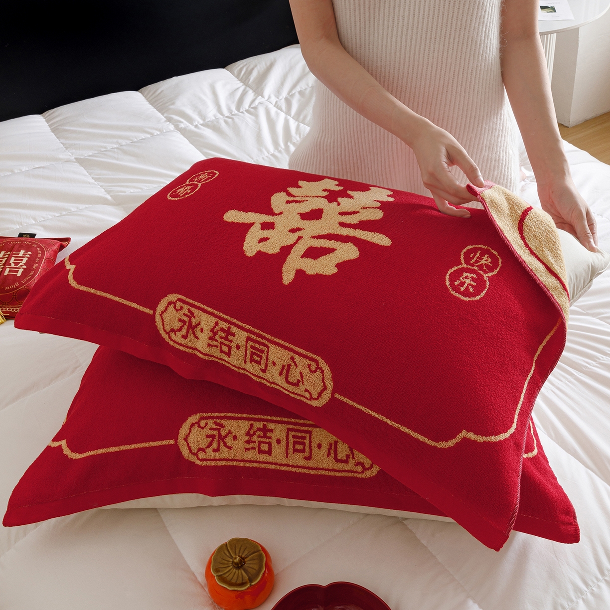 91家纺网 家纺一手货源 找家纺 爱港家纺 2025专版新款老式全棉大红枕巾结婚枕巾喜庆百福枕巾 永结同心