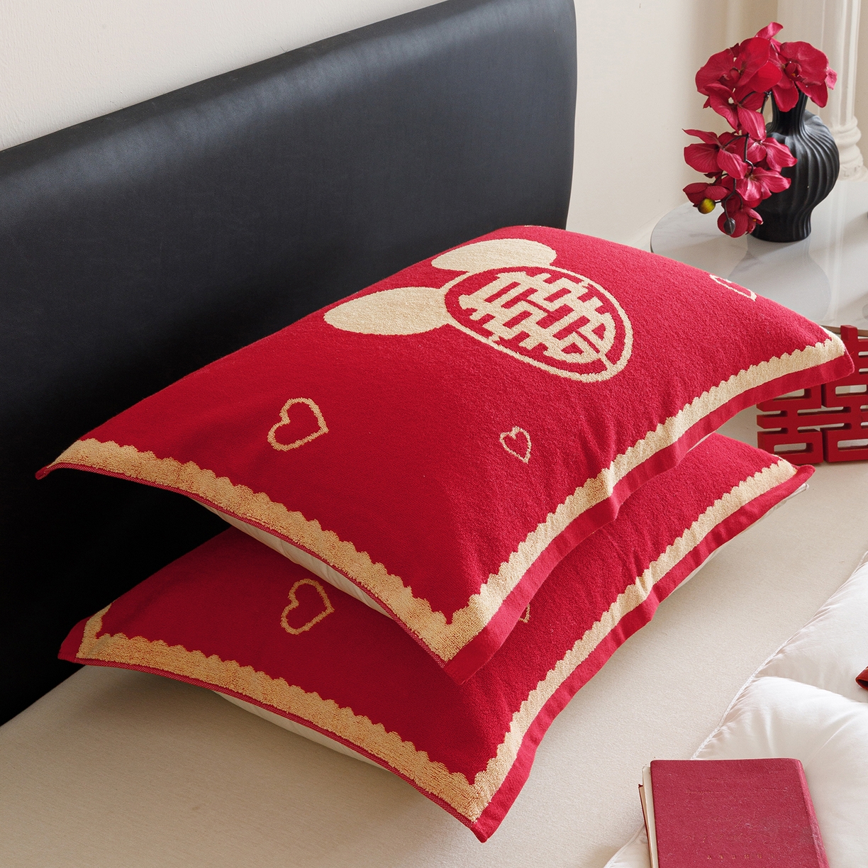 91家纺网 家纺一手货源 找家纺 爱港家纺 2025专版新款老式全棉大红枕巾结婚枕巾喜庆百福枕巾 童话喜韵